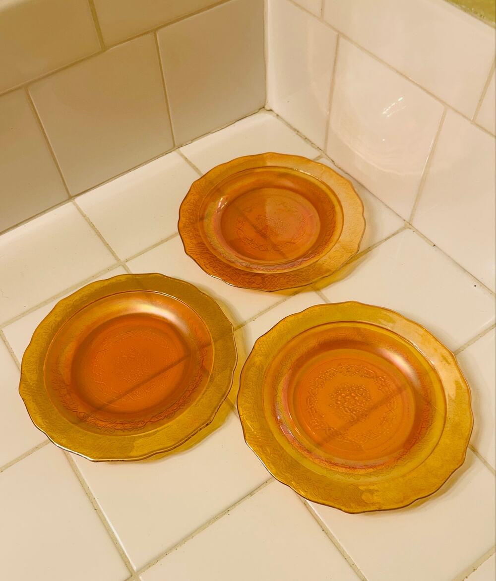 Set Of 3 Carnival Glass Normandie Marigold Iridescent Scalloped Dessert Plates